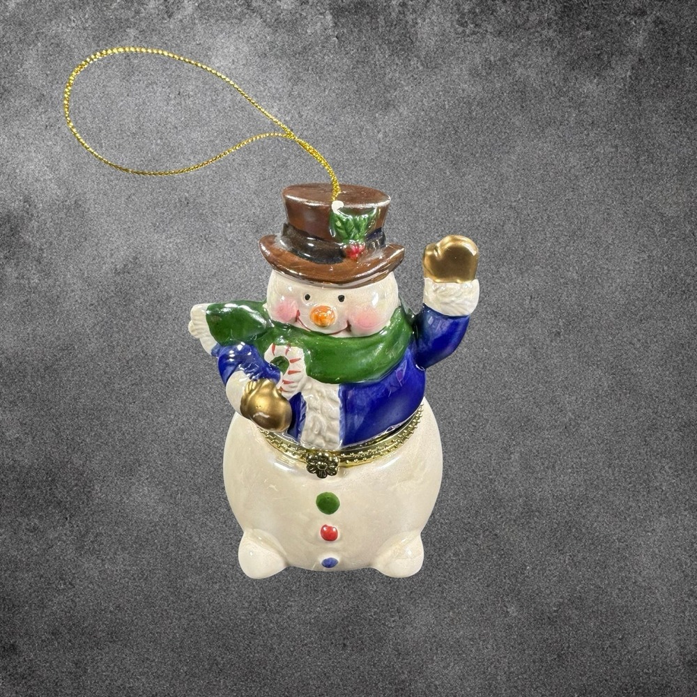 Vintage Snowman Music Box Trinket Box Christmas Ornament Ceramic Decor Holiday